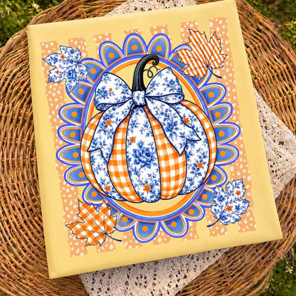 Striped Preppy Fall Pumpkin – Floral Pumpkin Bow – Coquette Autumn Design alternate preview