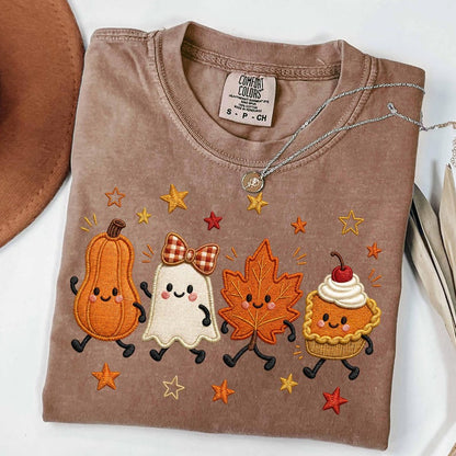 Cute Fall Faux Embroidery – Pumpkin Ghost Maple Leaf Pie – Spooky Season Shirt