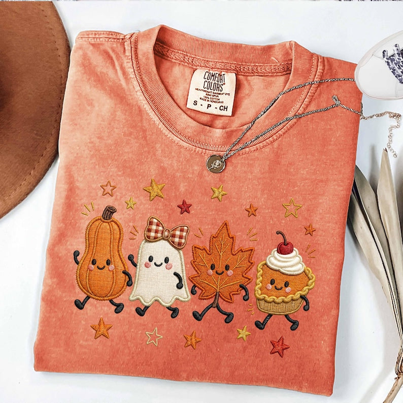 Cute Fall Faux Embroidery – Pumpkin Ghost Maple Leaf Pie – Spooky Season Shirt garment preview