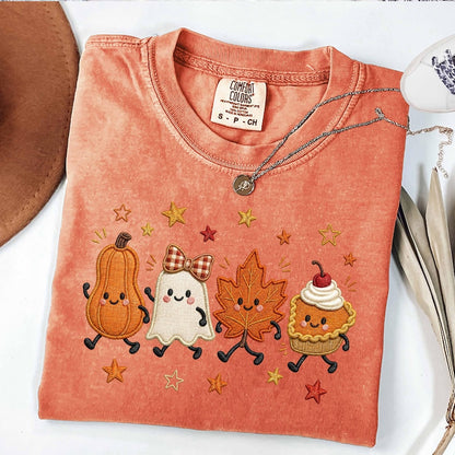 Cute Fall Faux Embroidery – Pumpkin Ghost Maple Leaf Pie – Spooky Season Shirt garment preview