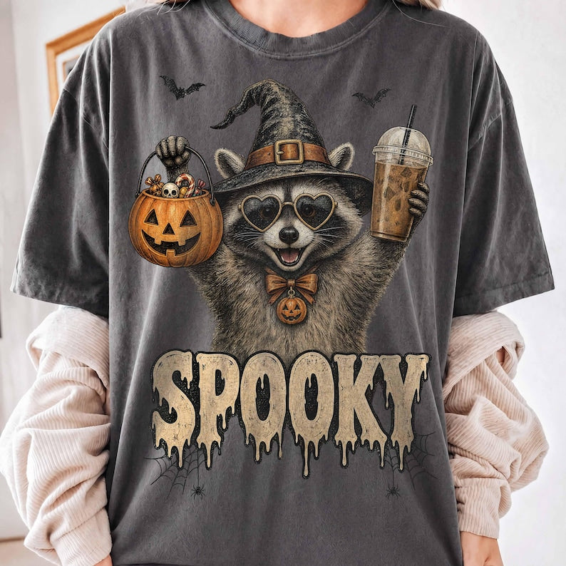 Spooky Raccoon – Funny Halloween Witch Raccoon – Vintage Trick or Treat Coffee Shirt