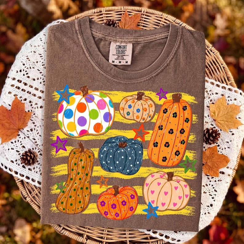 Colorful Pumpkin – Hand Drawn Fall Pumpkin Collage – Cute Polka Dot Floral Pumpkin Shirt
