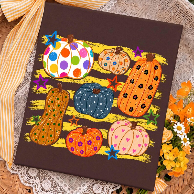 Colorful Pumpkin – Hand Drawn Fall Pumpkin Collage – Cute Polka Dot Floral Pumpkin Shirt alternate preview