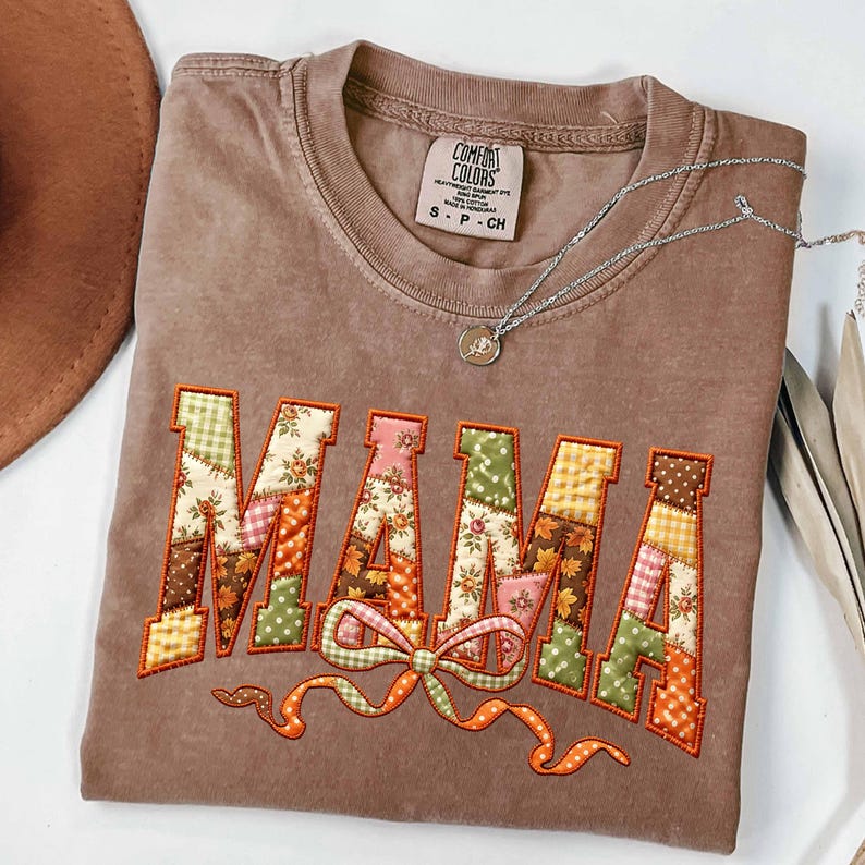 Mama – Faux Embroidery Fall Patchwork – Floral Gingham Bow Mama Shirt