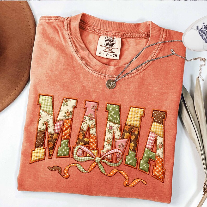 Mama – Faux Embroidery Fall Patchwork – Floral Gingham Bow Mama Shirt alternate preview