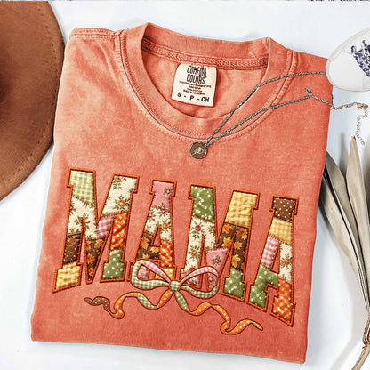 Mama – Faux Embroidery Fall Patchwork – Floral Gingham Bow Mama Shirt alternate preview