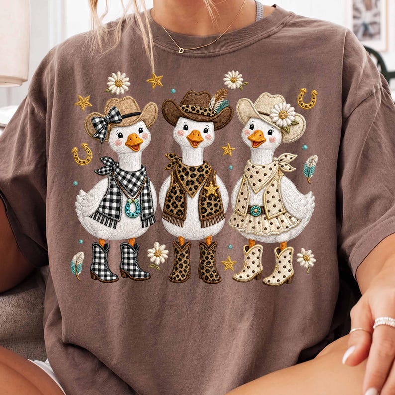 Cowboy Geese – Faux Embroidery Western Goose – Cowgirl Boots Leopard Gingham Shirt