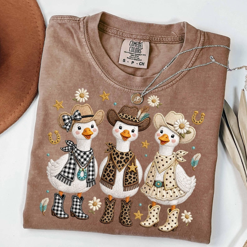 Cowboy Geese – Faux Embroidery Western Goose – Cowgirl Boots Leopard Gingham Shirt garment preview