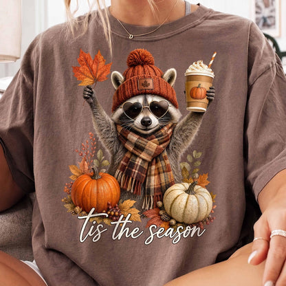 Tis The Season – Cute Fall Raccoon Coffee – Cozy Beanie Scarf Pumpkin Spice Latte Shirt