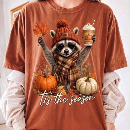 Tis The Season – Cute Fall Raccoon Coffee – Cozy Beanie Scarf Pumpkin Spice Latte Shirt garment preview