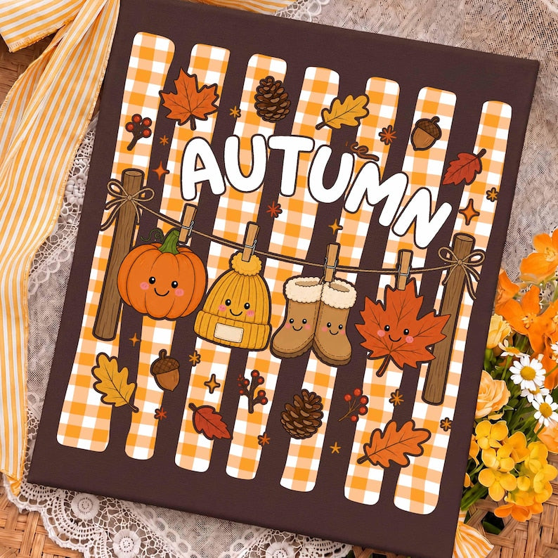 Autumn – Cute Fall Doodle Design – Kawaii Pumpkin Beanie Boots Clothesline Shirt