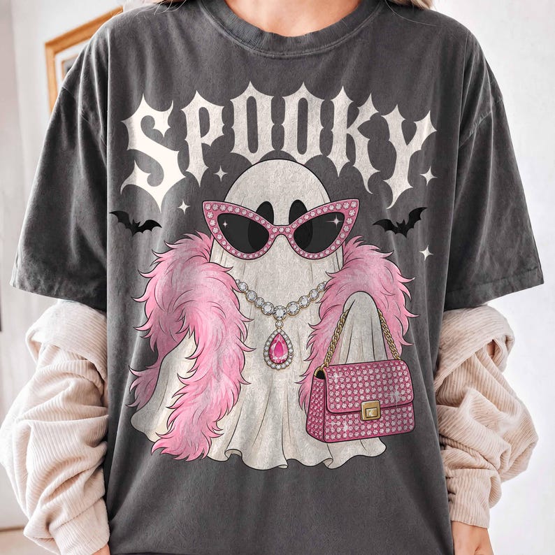 Spooky Bougie Ghost – Glam Pink Ghost Halloween – Diva Feather Boa Bling Shirt