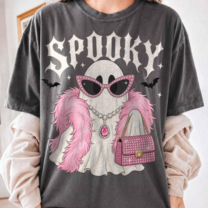Spooky Bougie Ghost – Glam Pink Ghost Halloween – Diva Feather Boa Bling Shirt