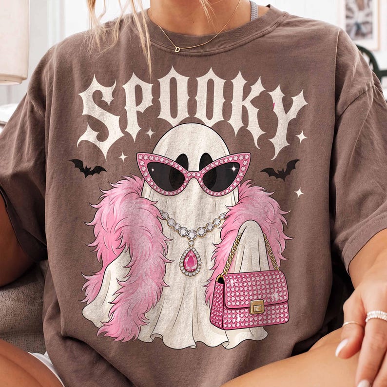Spooky Bougie Ghost – Glam Pink Ghost Halloween – Diva Feather Boa Bling Shirt garment preview