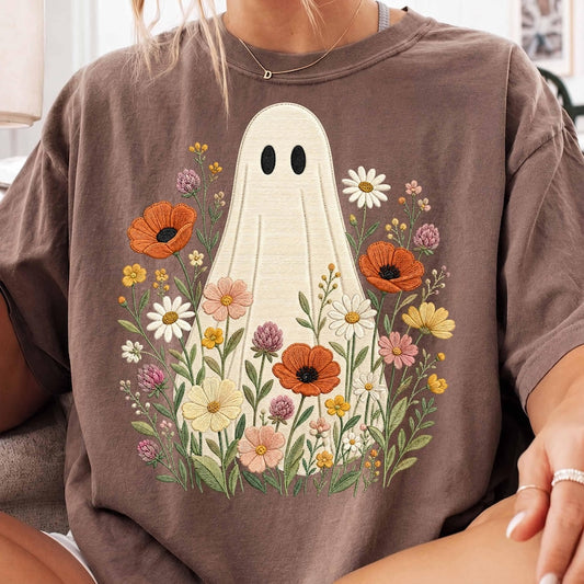 Floral Ghost – Faux Embroidery Wildflower Ghost – Cottagecore Boho Fall Halloween Shirt