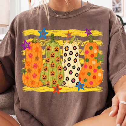 Colorful Pumpkin – Hand Drawn Fall Pumpkin Collage – Cute Polka Dot Floral Pumpkin Shirt