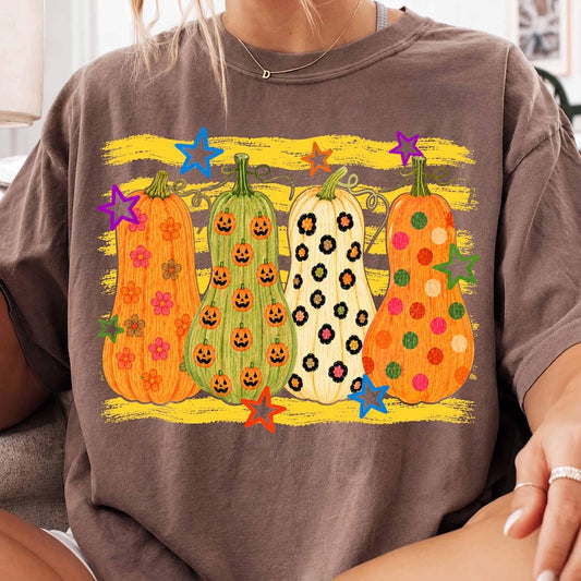 Colorful Pumpkin – Hand Drawn Fall Pumpkin Collage – Cute Polka Dot Floral Pumpkin Shirt