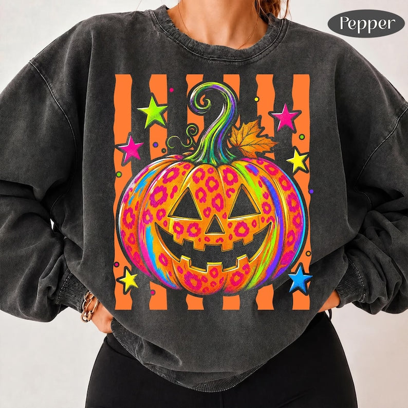 Neon Leopard Pumpkin – Colorful Halloween – Bright Jack O Lantern Design