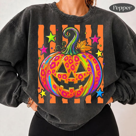Neon Leopard Pumpkin – Colorful Halloween – Bright Jack O Lantern Design