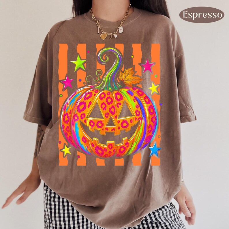 Neon Leopard Pumpkin – Colorful Halloween – Bright Jack O Lantern Design garment preview