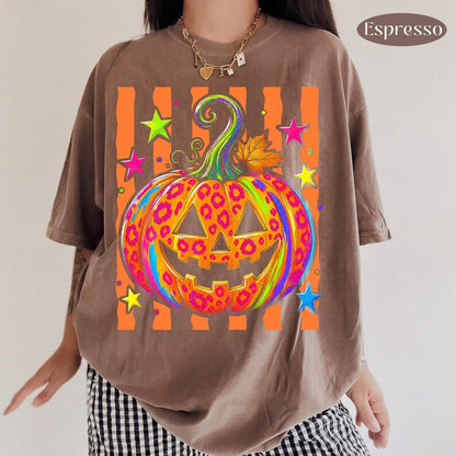 Neon Leopard Pumpkin – Colorful Halloween – Bright Jack O Lantern Design garment preview