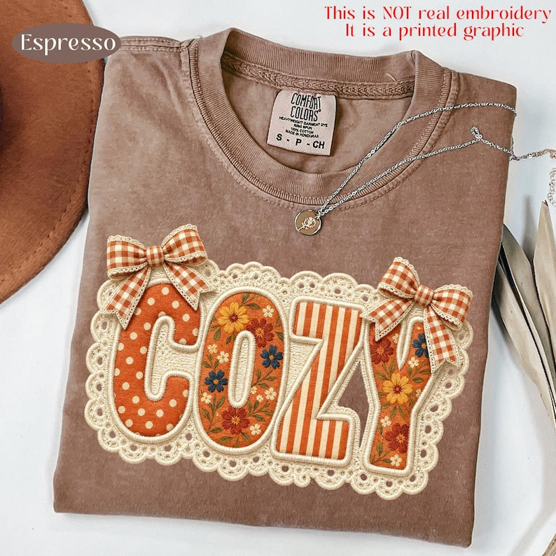 Cozy – Faux Embroidery Fall – Floral Coquette Bow Cozy Design garment preview