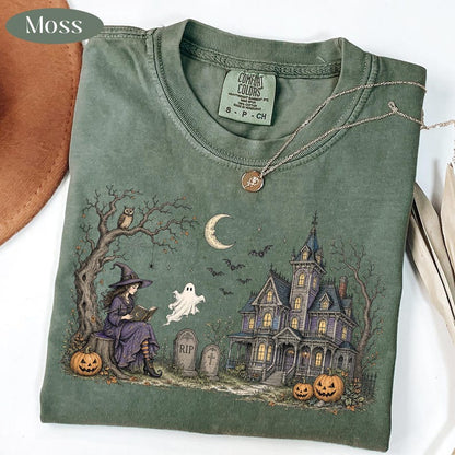 Witch Reading – Vintage Halloween – Haunted House Ghost Design