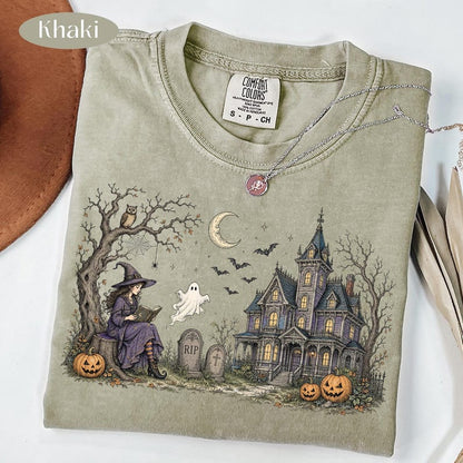 Witch Reading – Vintage Halloween – Haunted House Ghost Design garment preview
