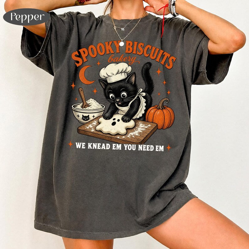 Spooky Biscuits – Black Cat Baking – Retro Halloween Cat Design garment preview