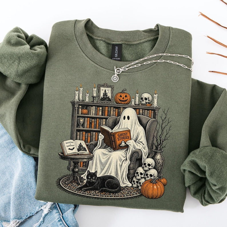Ghost Reading – Vintage Halloween Book Lover – Ghost Stories Library Design