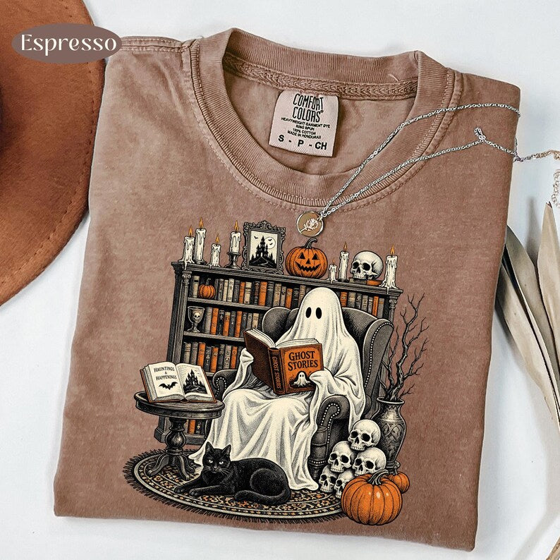 Ghost Reading – Vintage Halloween Book Lover – Ghost Stories Library Design garment preview