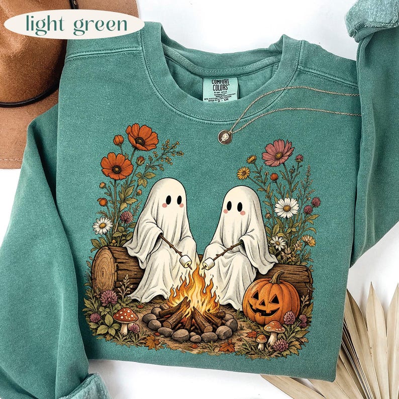 Camping Ghosts – Cute Ghost Campfire – Wildflower Halloween Design garment preview
