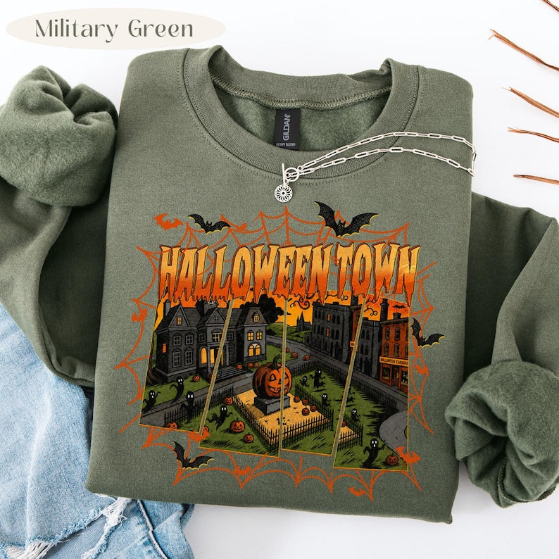 Halloween Town – Vintage Spooky Town – Retro Halloween Village Design garment preview