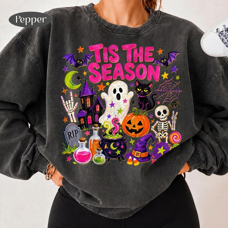 Tis The Season – Colorful Halloween – Cute Spooky Ghost Cat Design garment preview
