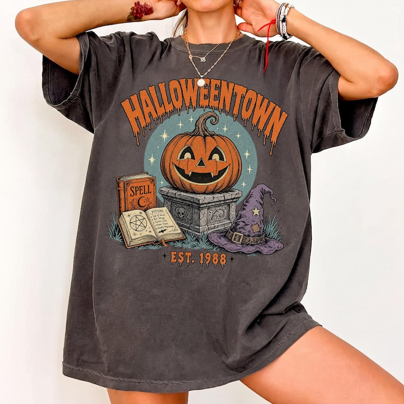 Halloweentown – Vintage Halloween Pumpkin – Retro Spell Book Witch Hat Design