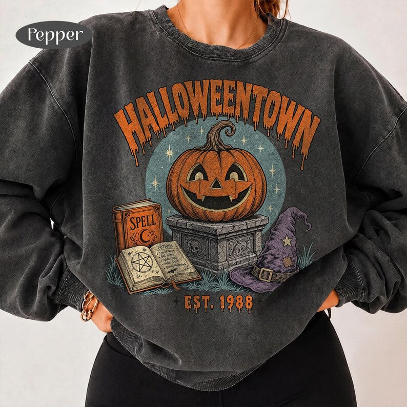 Halloweentown – Vintage Halloween Pumpkin – Retro Spell Book Witch Hat Design garment preview