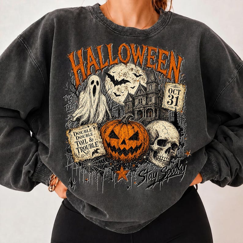 Halloween – Vintage Band Tee – Grunge Ghost Skull Haunted House Design
