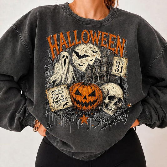 Halloween – Vintage Band Tee – Grunge Ghost Skull Haunted House Design