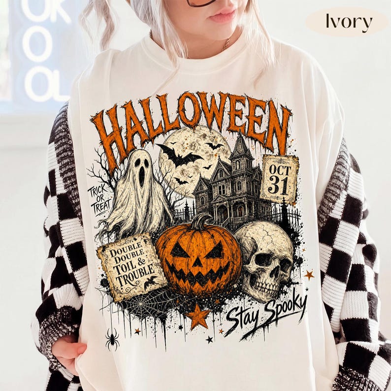 Halloween – Vintage Band Tee – Grunge Ghost Skull Haunted House Design garment preview