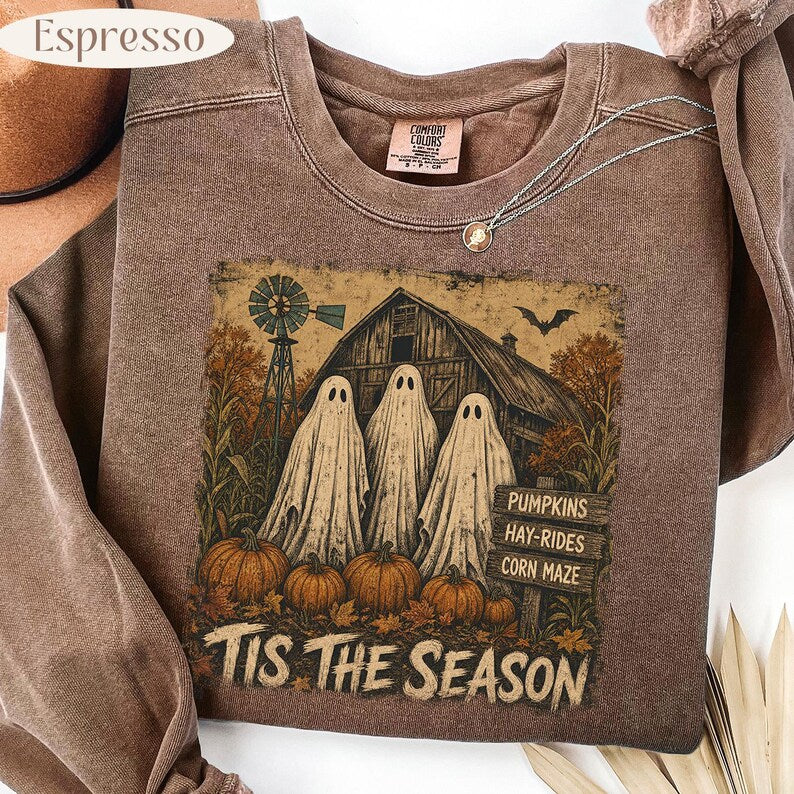 Tis The Season – Vintage Ghost Barn – Rustic Fall Halloween Design garment preview