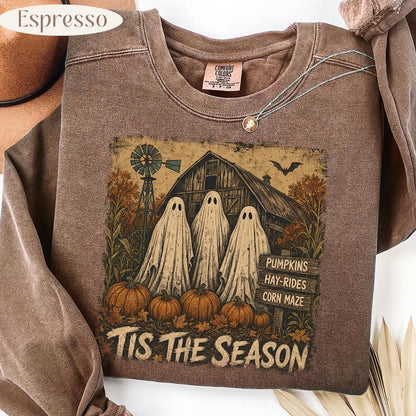 Tis The Season – Vintage Ghost Barn – Rustic Fall Halloween Design garment preview