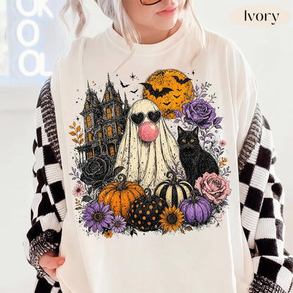 Ghost Bubblegum – Retro Halloween – Floral Ghost Black Cat Design