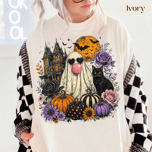Ghost Bubblegum – Retro Halloween – Floral Ghost Black Cat Design