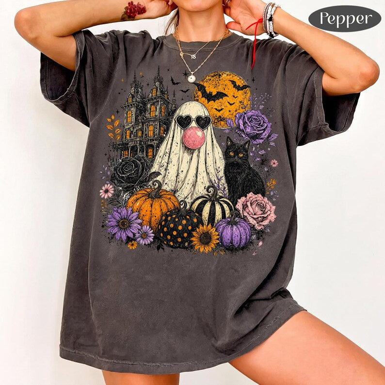 Ghost Bubblegum – Retro Halloween – Floral Ghost Black Cat Design garment preview