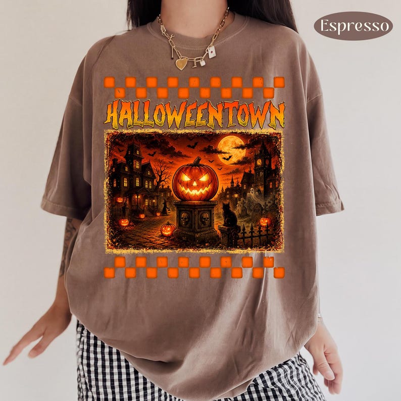 Halloweentown – Vintage Spooky Town – Haunted Village Pumpkin Design garment preview