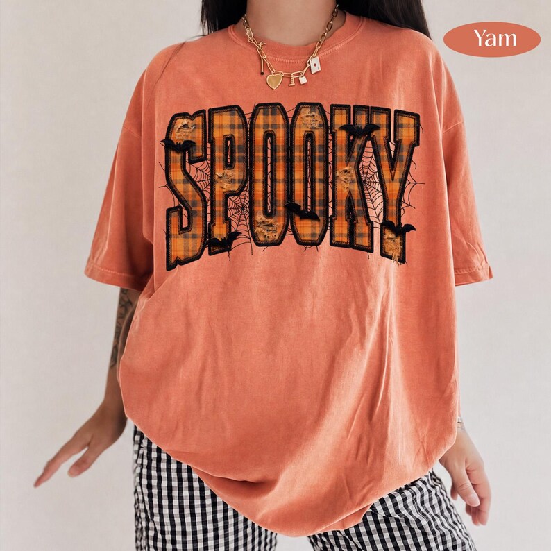 Spooky – Faux Embroidery Halloween – Plaid Distressed Spooky Design garment preview