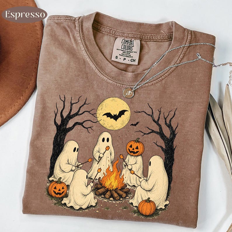 Camping Ghost – Vintage Halloween – Ghost Campfire Smores Design garment preview