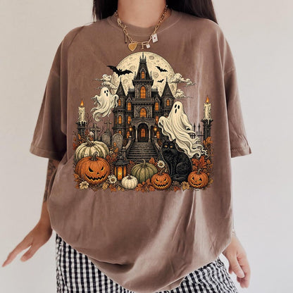 Haunted House – Vintage Halloween – Spooky Ghost Black Cat Design garment preview