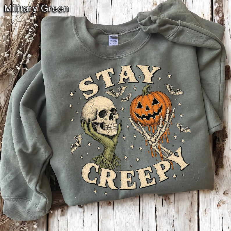 Stay Creepy – Halloween Skull – Spooky Witch Hand Pumpkin Design