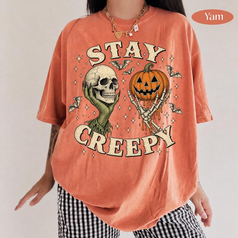 Stay Creepy – Halloween Skull – Spooky Witch Hand Pumpkin Design garment preview